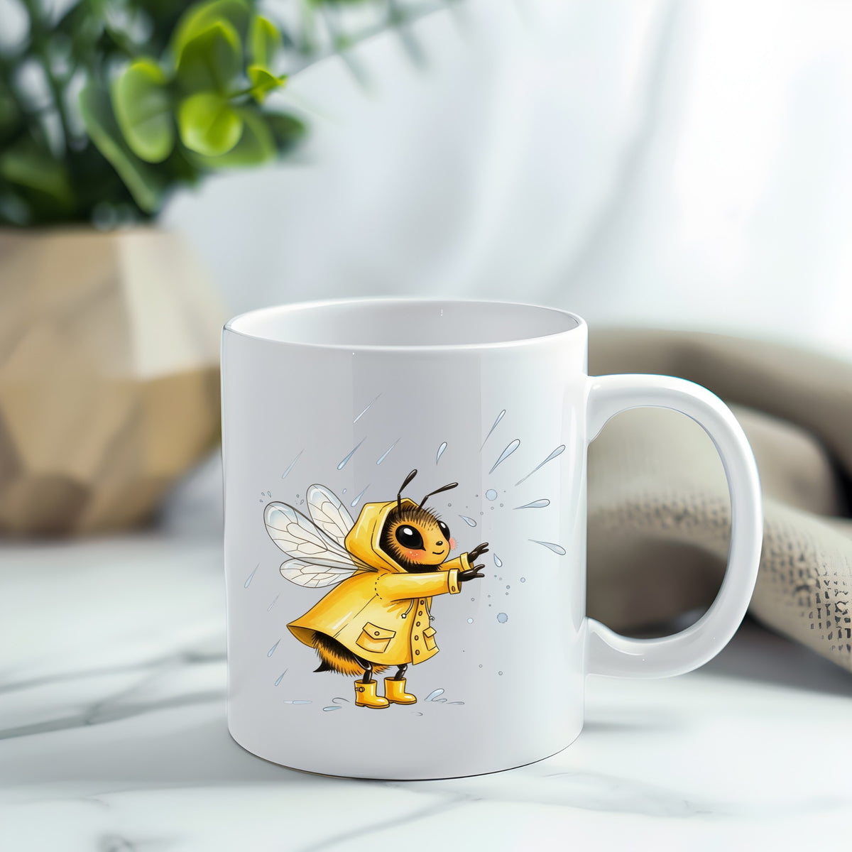 Bee In Yellow Raincoat UV DTF sticker applied to a white coffee mug