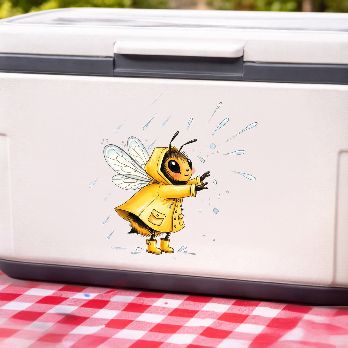 Bee In Yellow Raincoat UV DTF sticker applied to a white cooler on a red gingham cloth