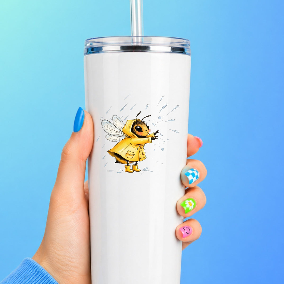 Bee In Yellow Raincoat UV DTF sticker applied to a white straw tumbler on a blue background
