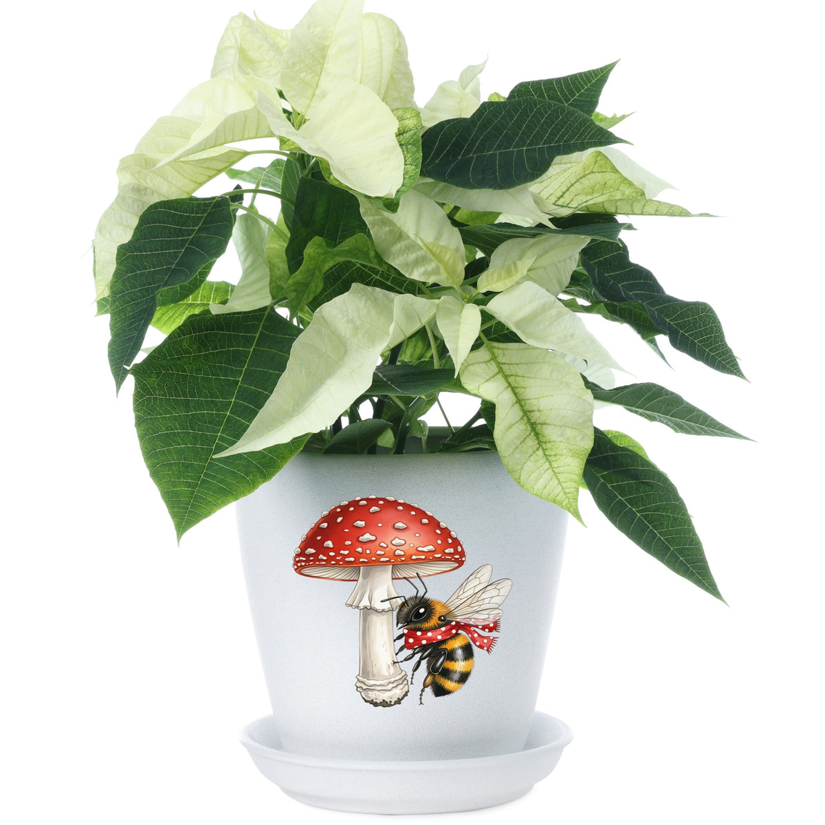 Bee With Red Mushroom UV DTF sticker applied to a white flower pot