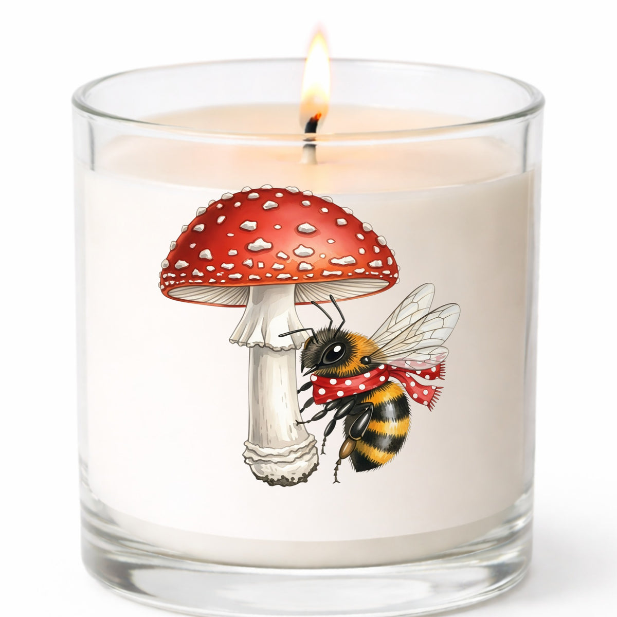 Bee With Red Mushroom UV DTF sticker applied to a white candle in a clear glass jar