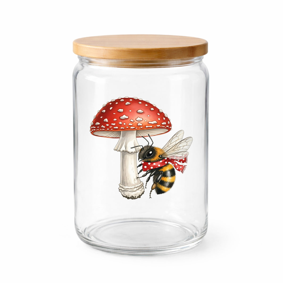 Bee With Red Mushroom UV DTF sticker applied to a clear glass jar with a wooden lid