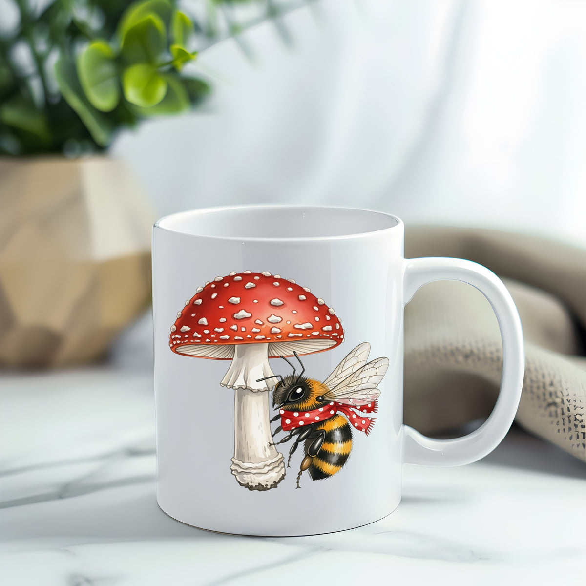 Bee With Red Mushroom UV DTF sticker applied to a white coffee mug