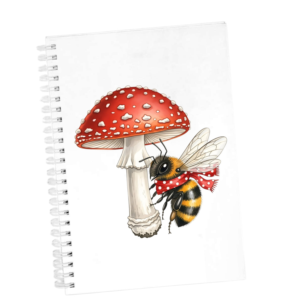 Bee With Red Mushroom UV DTF sticker applied to the cover of a white spiral journal