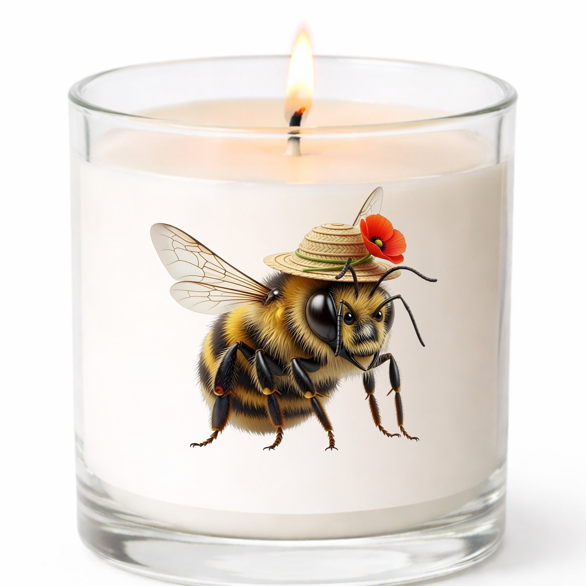 Bee In Straw Hat With Red Poppy UV DTF sticker applied to a white candle in a clear glass jar