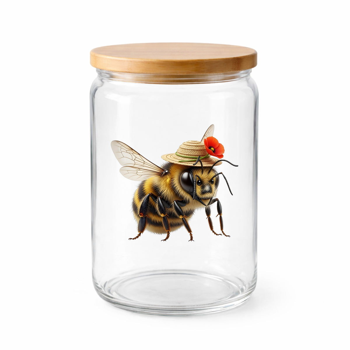 Bee In Straw Hat With Red Poppy UV DTF sticker applied to a clear glass jar with a wooden lid