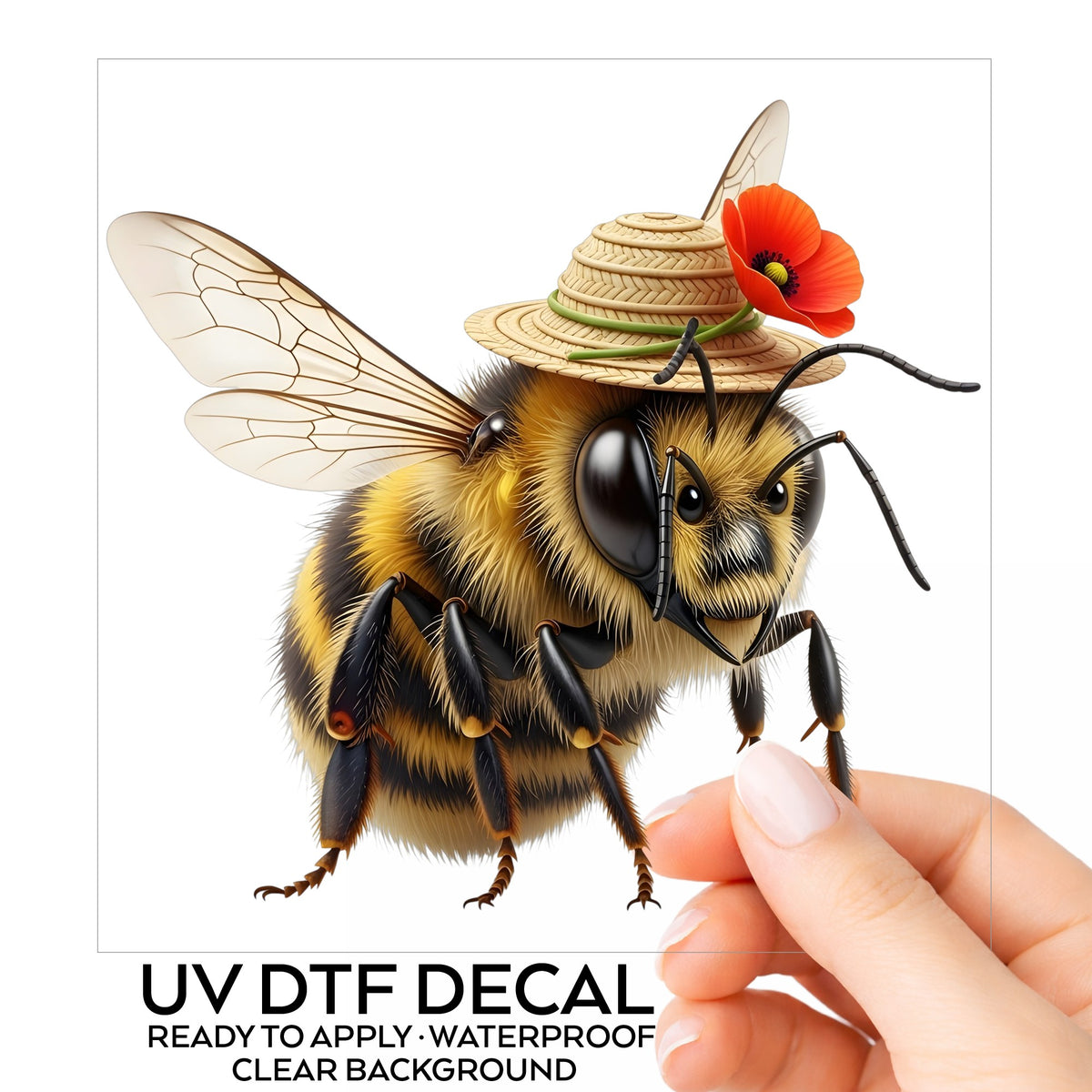 Bee In Straw Hat With Red Poppy UV DTF sticker on its backing card, held in hand