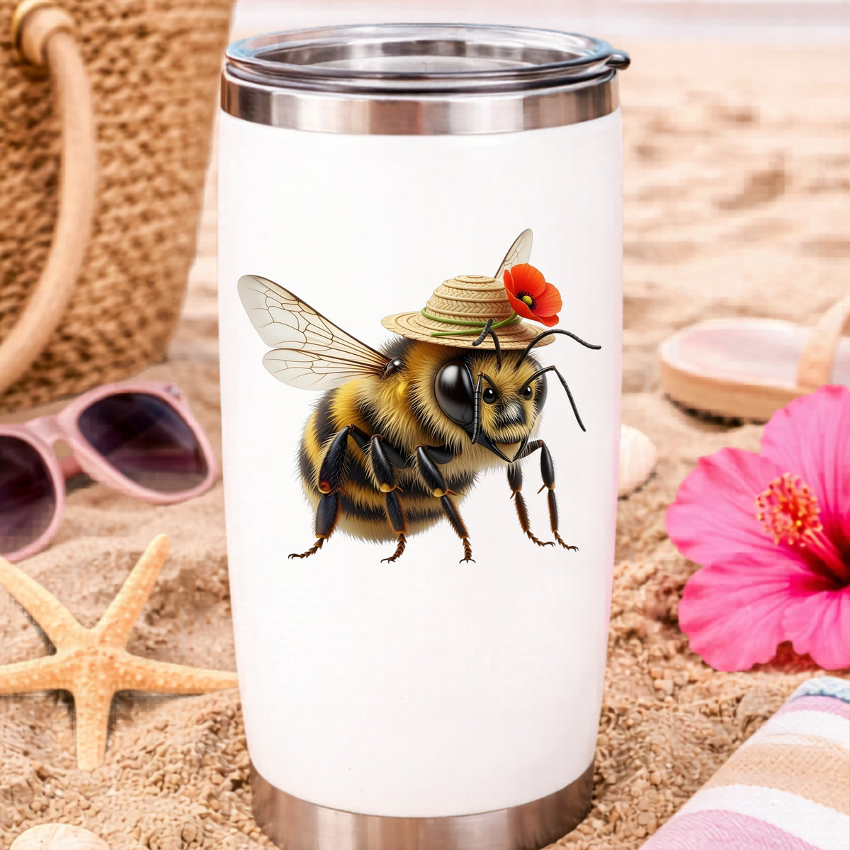 Bee In Straw Hat With Red Poppy UV DTF sticker applied to a white travel tumbler on beach sand