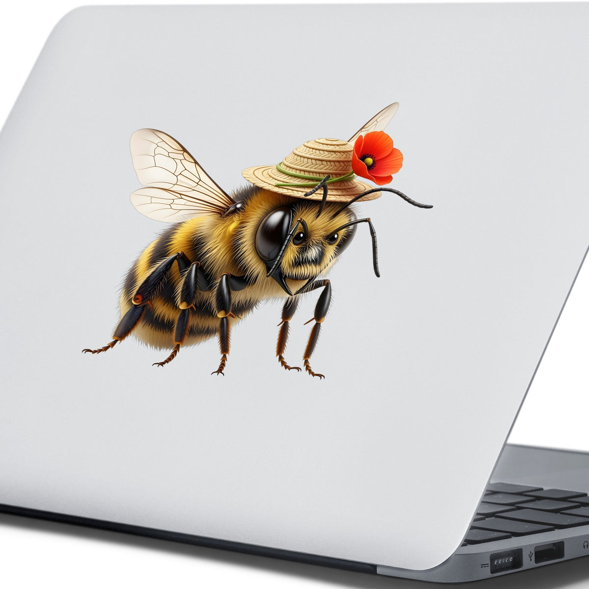 Bee In Straw Hat With Red Poppy UV DTF sticker applied to the lid of a silver laptop