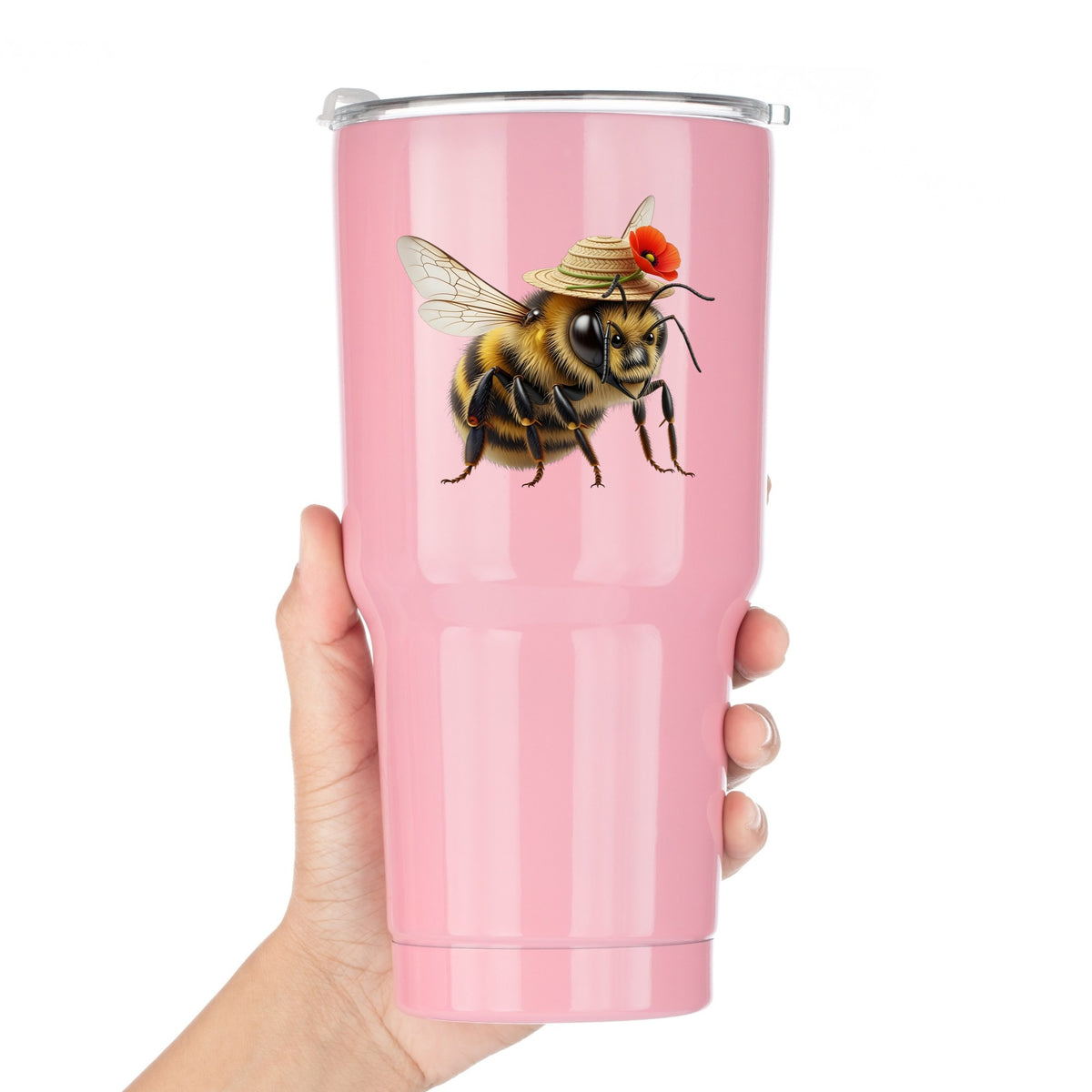 Bee In Straw Hat With Red Poppy UV DTF sticker applied to a pink tumbler held against a white background