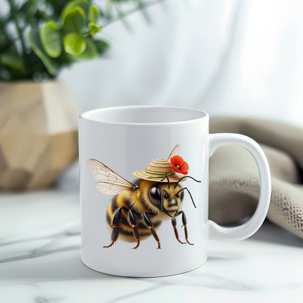 Bee In Straw Hat With Red Poppy UV DTF sticker applied to a white coffee mug