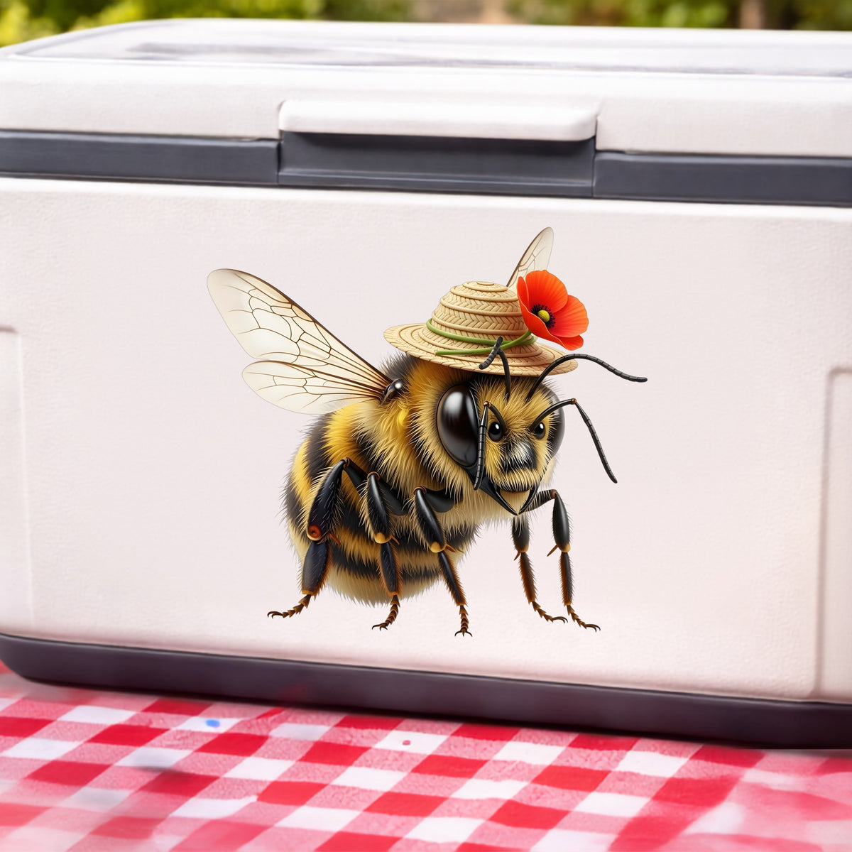 Bee In Straw Hat With Red Poppy UV DTF sticker applied to a white cooler on a red gingham cloth