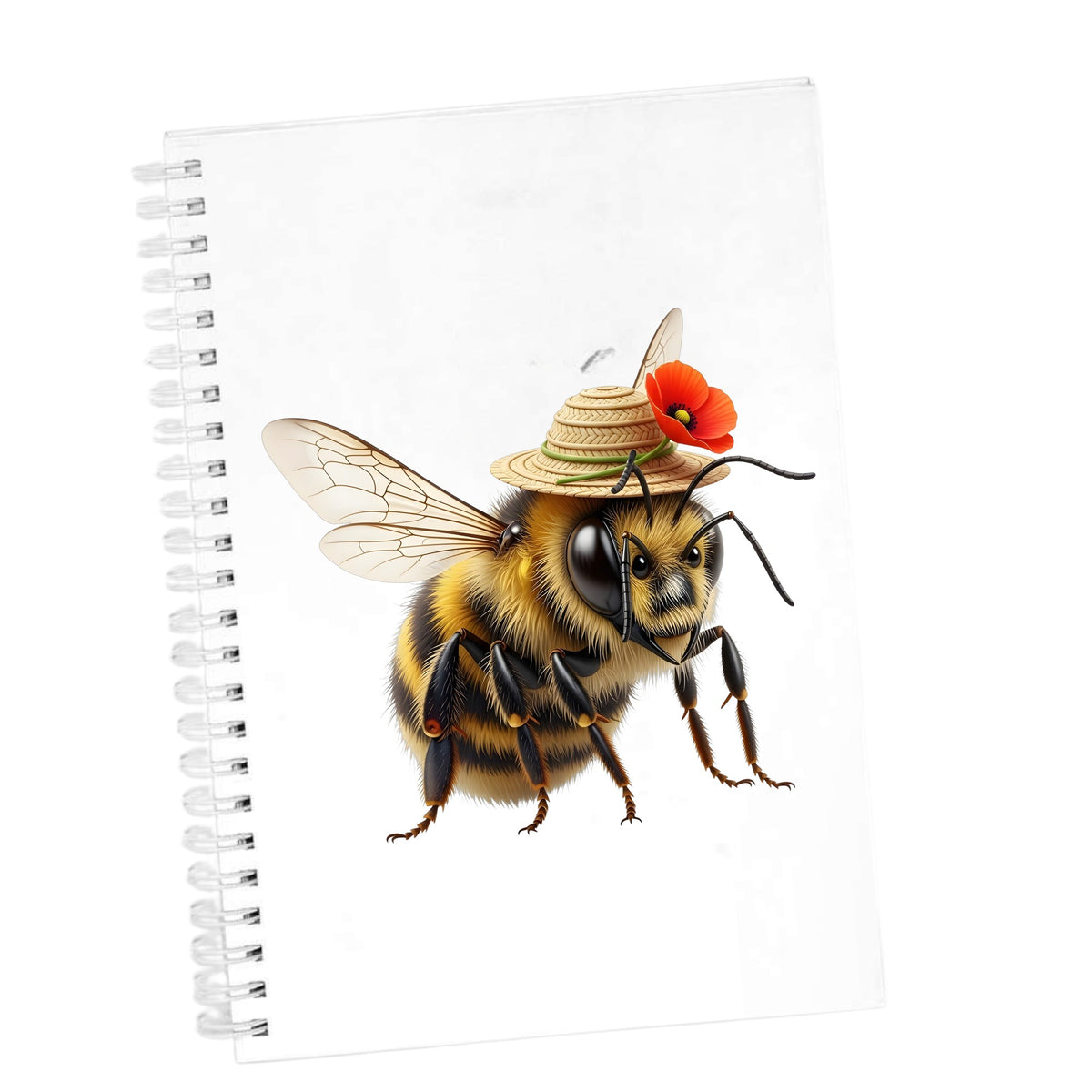 Bee In Straw Hat With Red Poppy UV DTF sticker applied to the cover of a white spiral journal