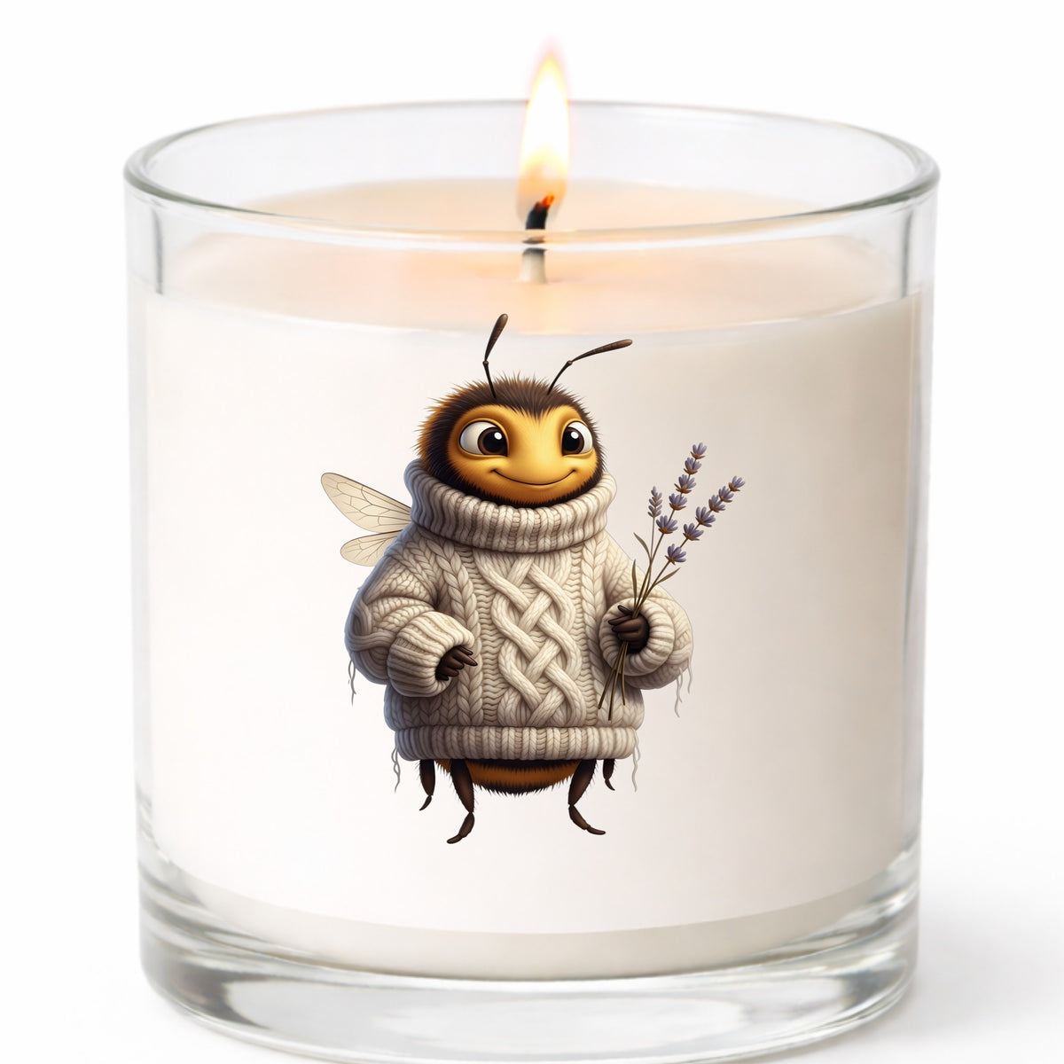 Bee In Cable Knit Sweater With Lavender UV DTF sticker applied to a white candle in a clear glass jar