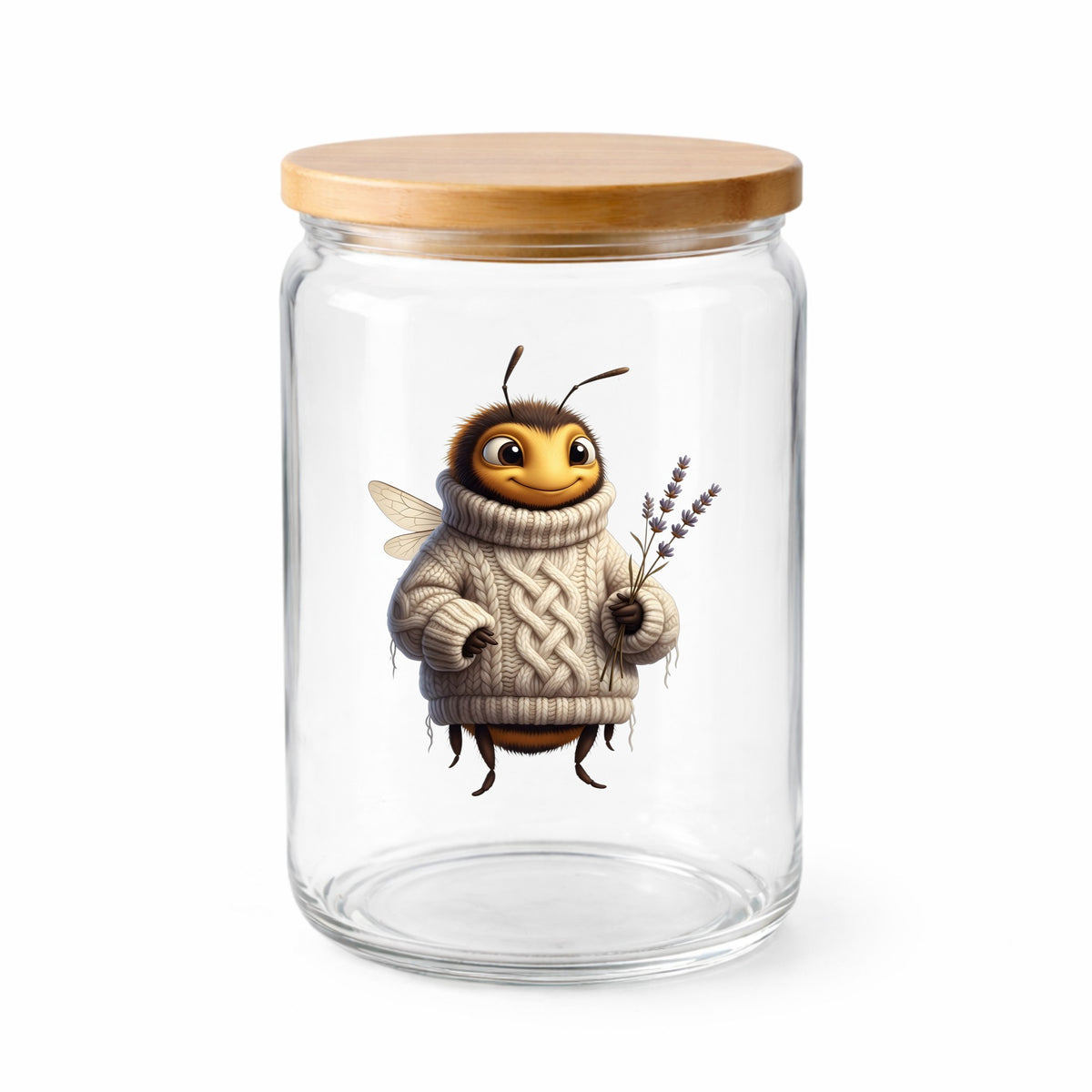 Bee In Cable Knit Sweater With Lavender UV DTF sticker applied to a clear glass jar with a wooden lid