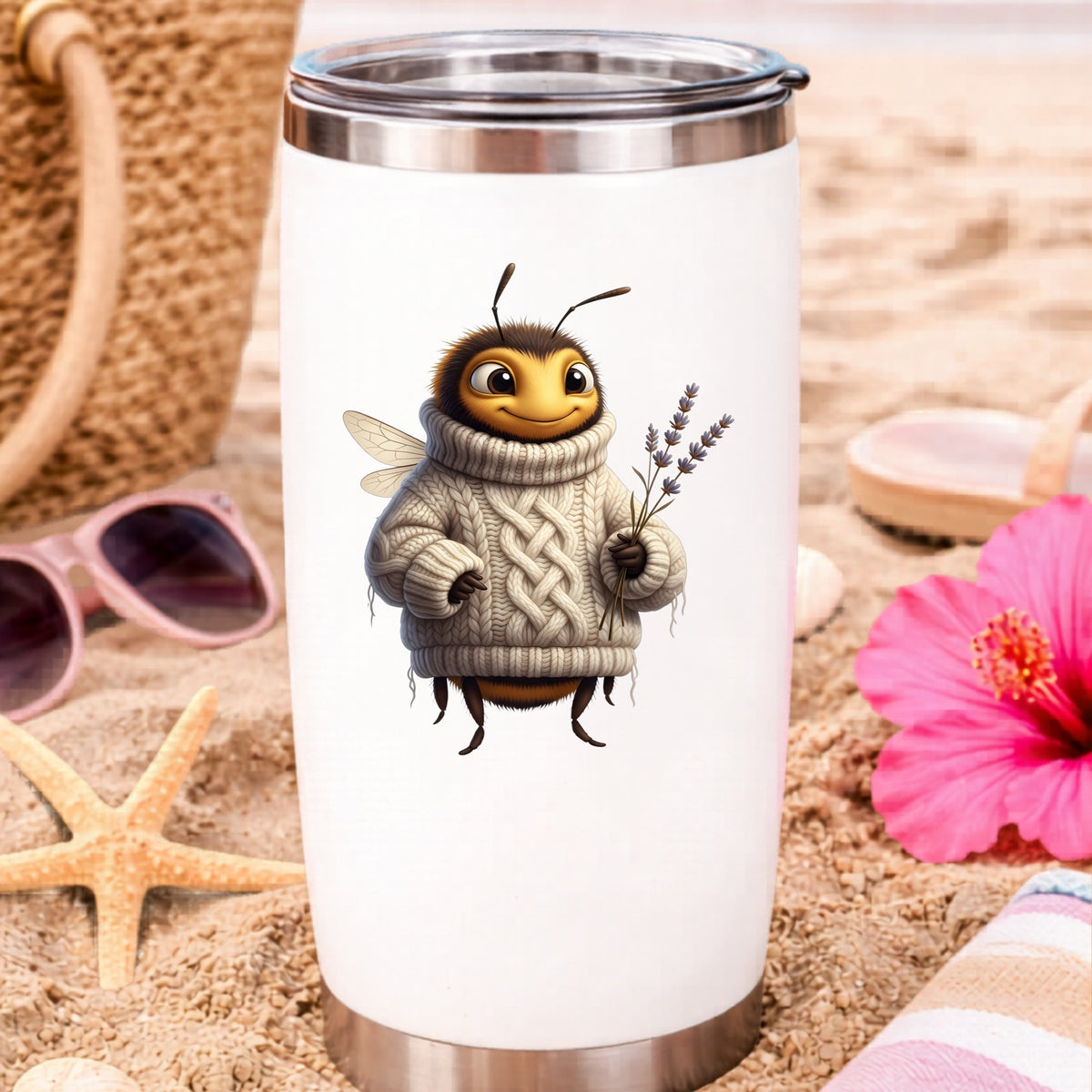 Bee In Cable Knit Sweater With Lavender UV DTF sticker applied to a white travel tumbler on beach sand