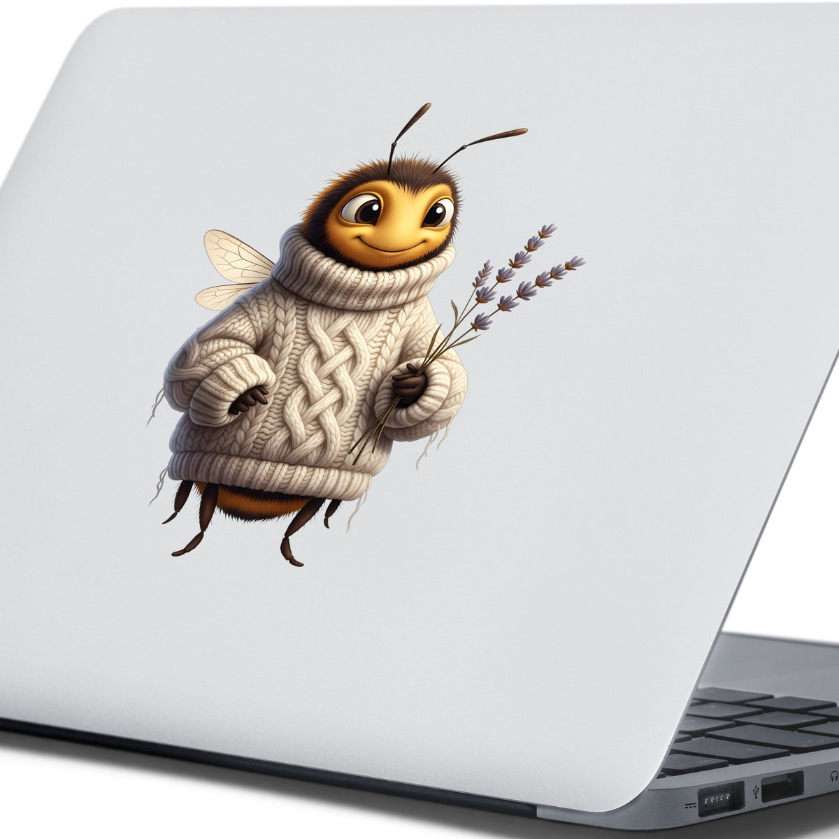 Bee In Cable Knit Sweater With Lavender UV DTF sticker applied to the lid of a silver laptop