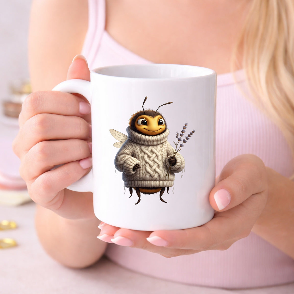 Bee In Cable Knit Sweater With Lavender UV DTF sticker applied to a white coffee mug held in both hands