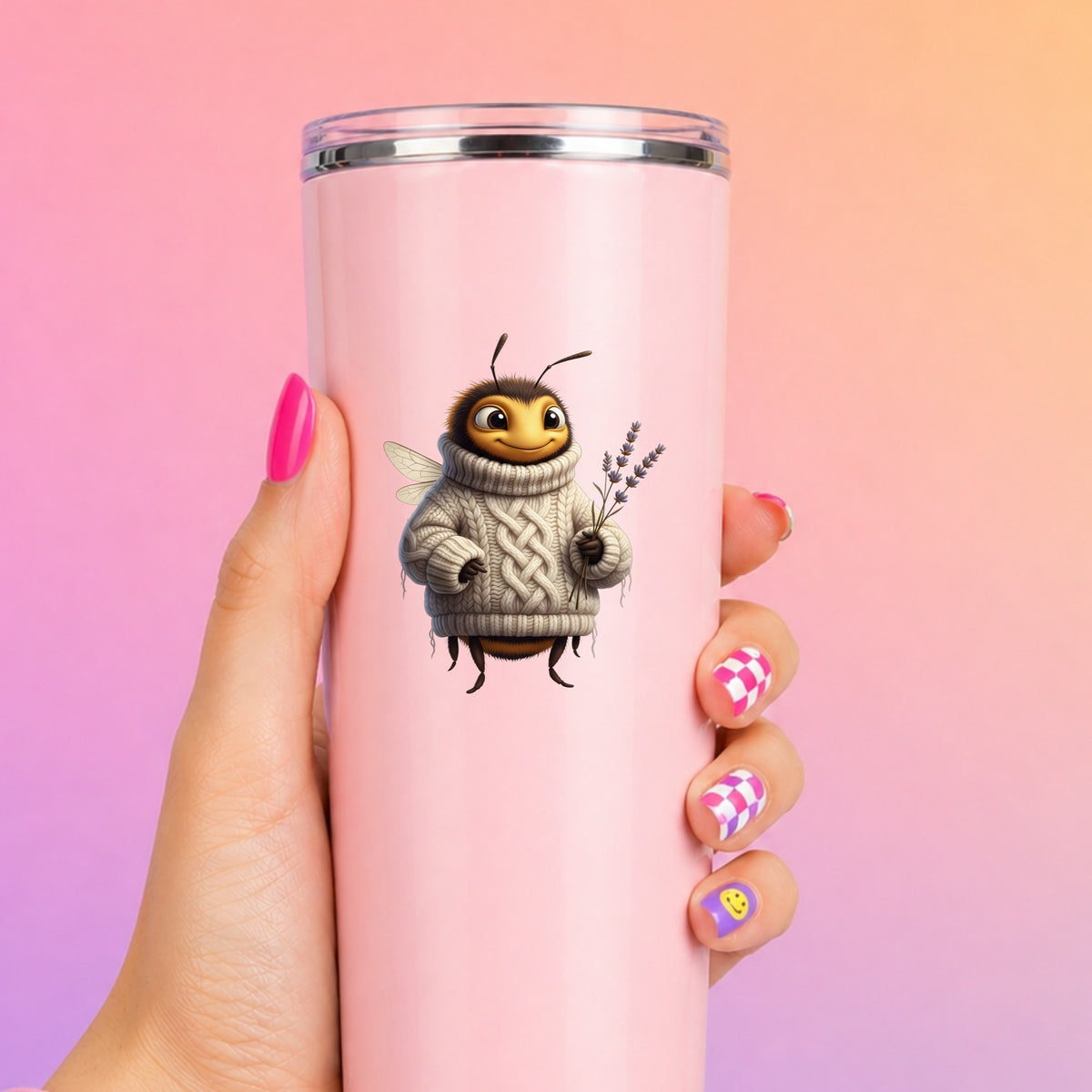 Bee In Cable Knit Sweater With Lavender UV DTF sticker applied to a tall pink tumbler on a pink and orange background