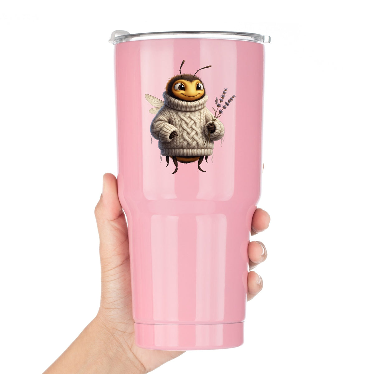 Bee In Cable Knit Sweater With Lavender UV DTF sticker applied to a pink tumbler held against a white background