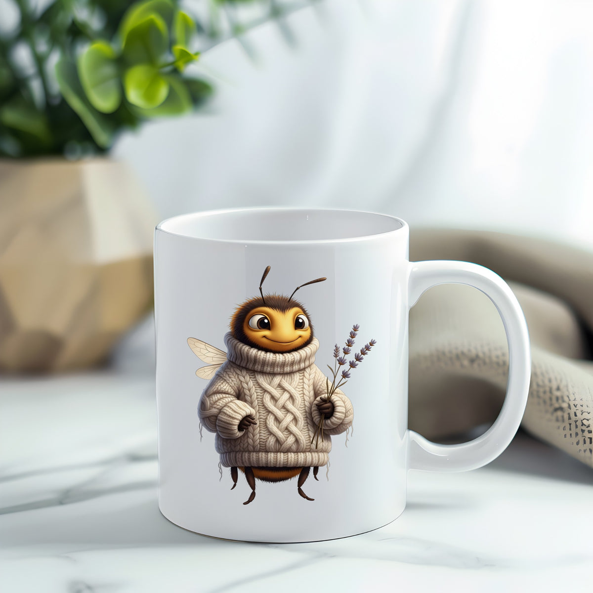 Bee In Cable Knit Sweater With Lavender UV DTF sticker applied to a white coffee mug