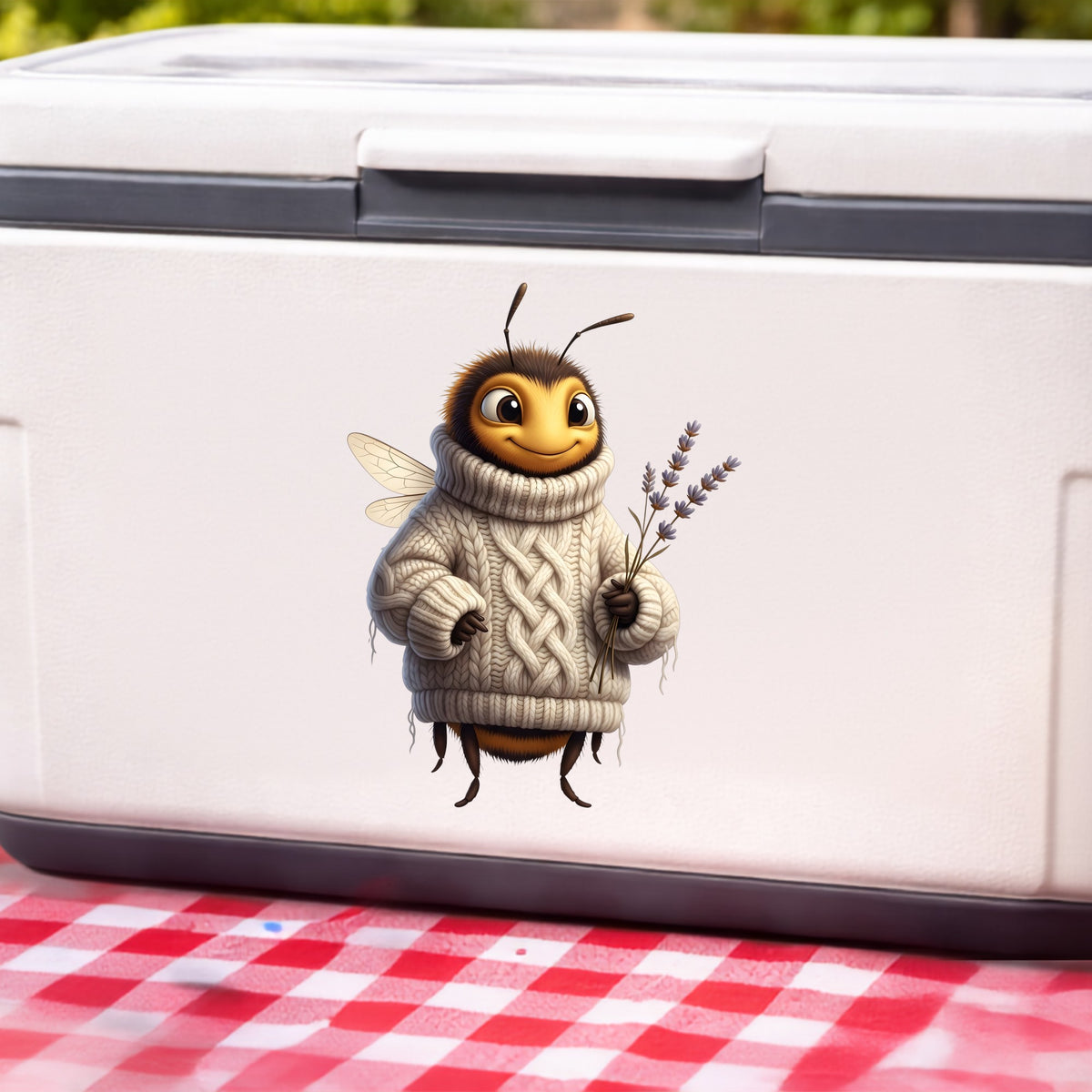 Bee In Cable Knit Sweater With Lavender UV DTF sticker applied to a white cooler on a red gingham cloth