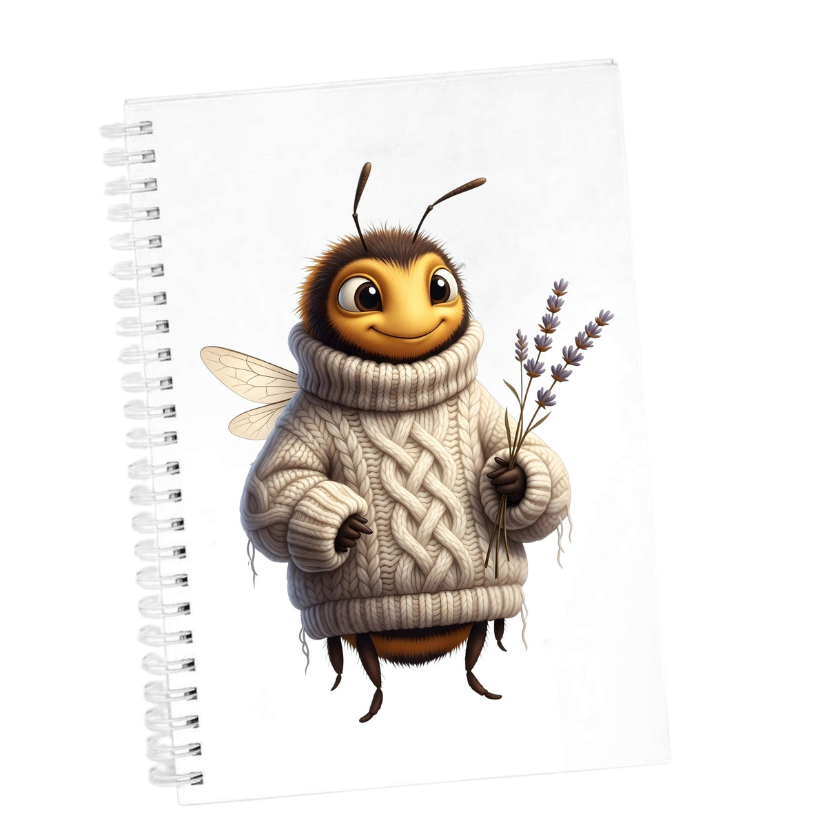 Bee In Cable Knit Sweater With Lavender UV DTF sticker applied to the cover of a white spiral journal