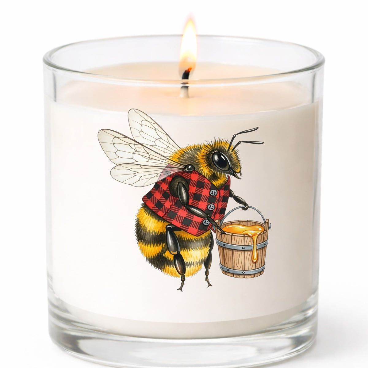 Bee In Plaid Vest With Honey Bucket UV DTF sticker applied to a white candle in a clear glass jar