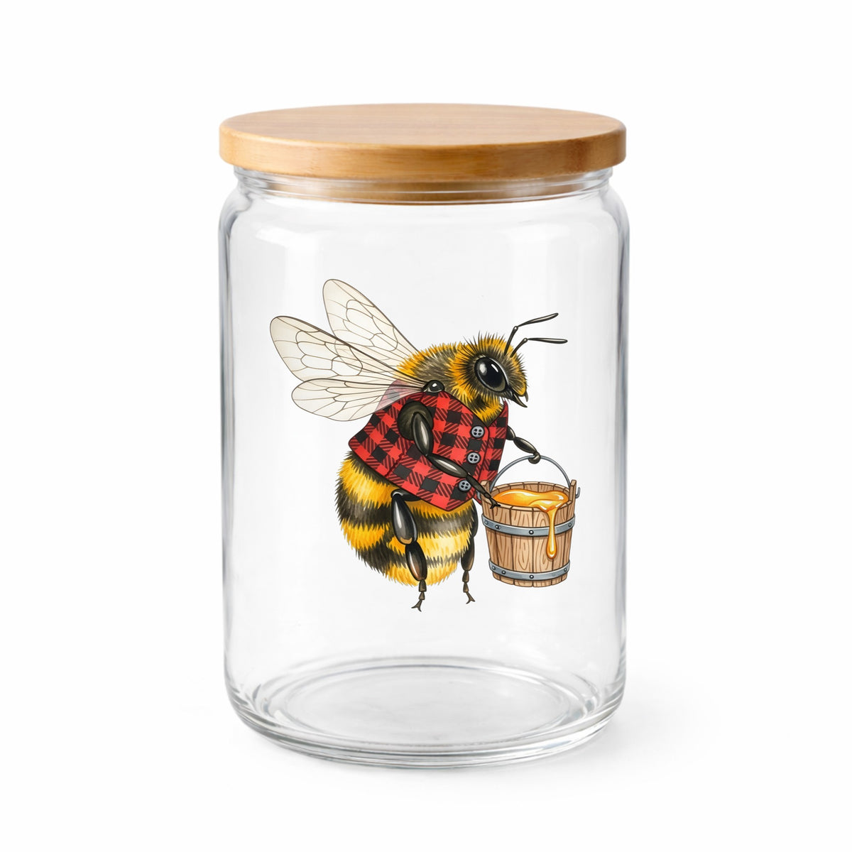 Bee In Plaid Vest With Honey Bucket UV DTF sticker applied to a clear glass jar with a wooden lid