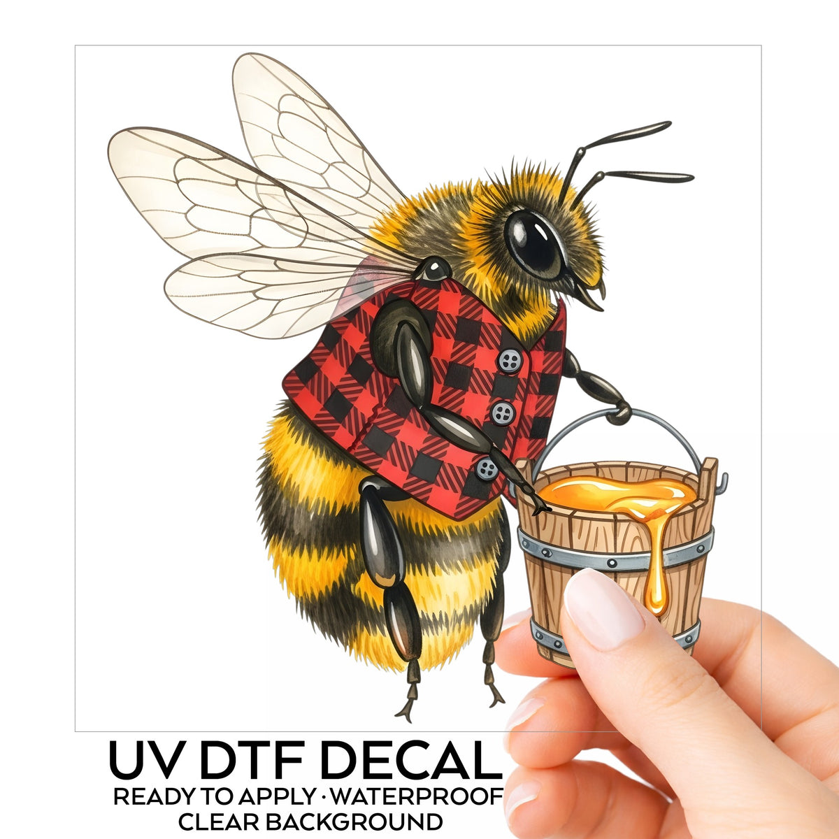 Bee In Plaid Vest With Honey Bucket UV DTF sticker on its backing card, held in hand