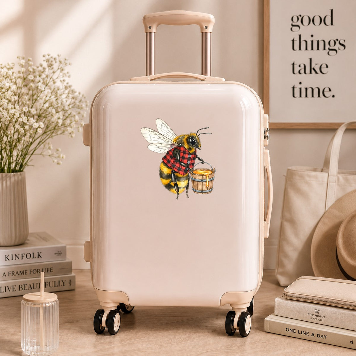 Bee In Plaid Vest With Honey Bucket UV DTF sticker applied to a cream carry-on suitcase