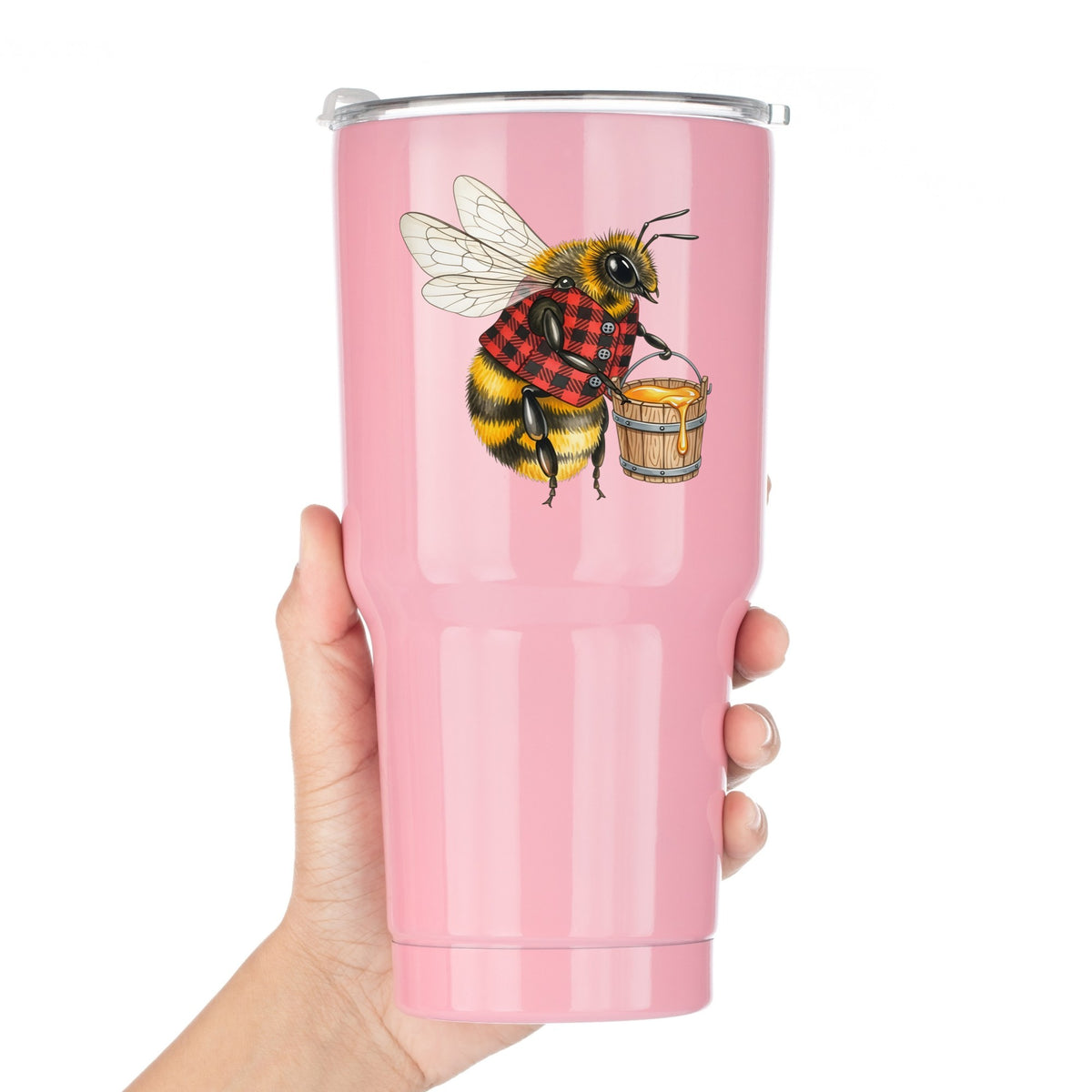 Bee In Plaid Vest With Honey Bucket UV DTF sticker applied to a pink tumbler held against a white background
