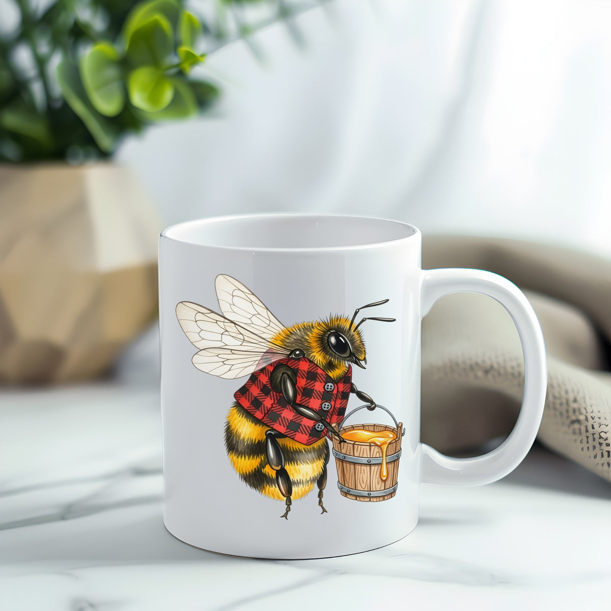 Bee In Plaid Vest With Honey Bucket UV DTF sticker applied to a white coffee mug