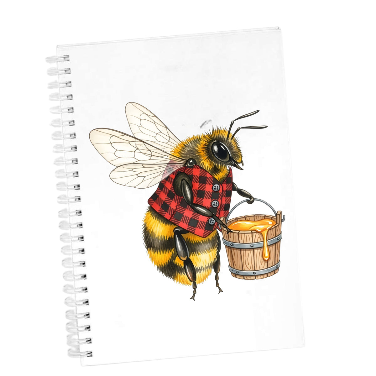 Bee In Plaid Vest With Honey Bucket UV DTF sticker applied to the cover of a white spiral journal