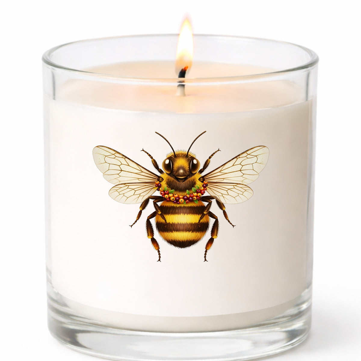 Bee With Berry Garland Necklace UV DTF sticker applied to a white candle in a clear glass jar