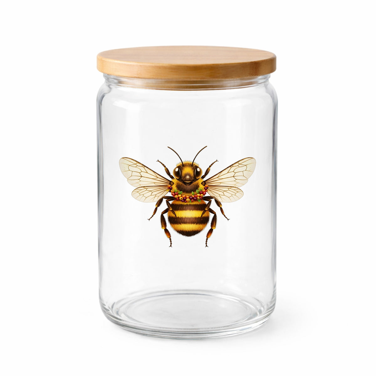Bee With Berry Garland Necklace UV DTF sticker applied to a clear glass jar with a wooden lid