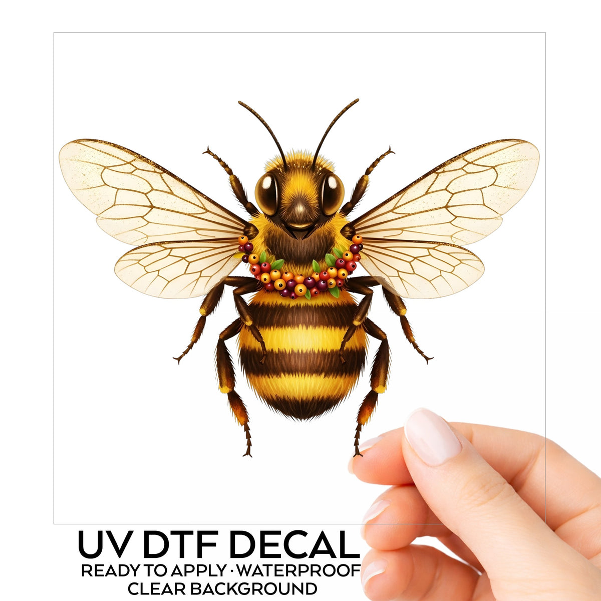 Bee With Berry Garland Necklace UV DTF sticker on its backing card, held in hand