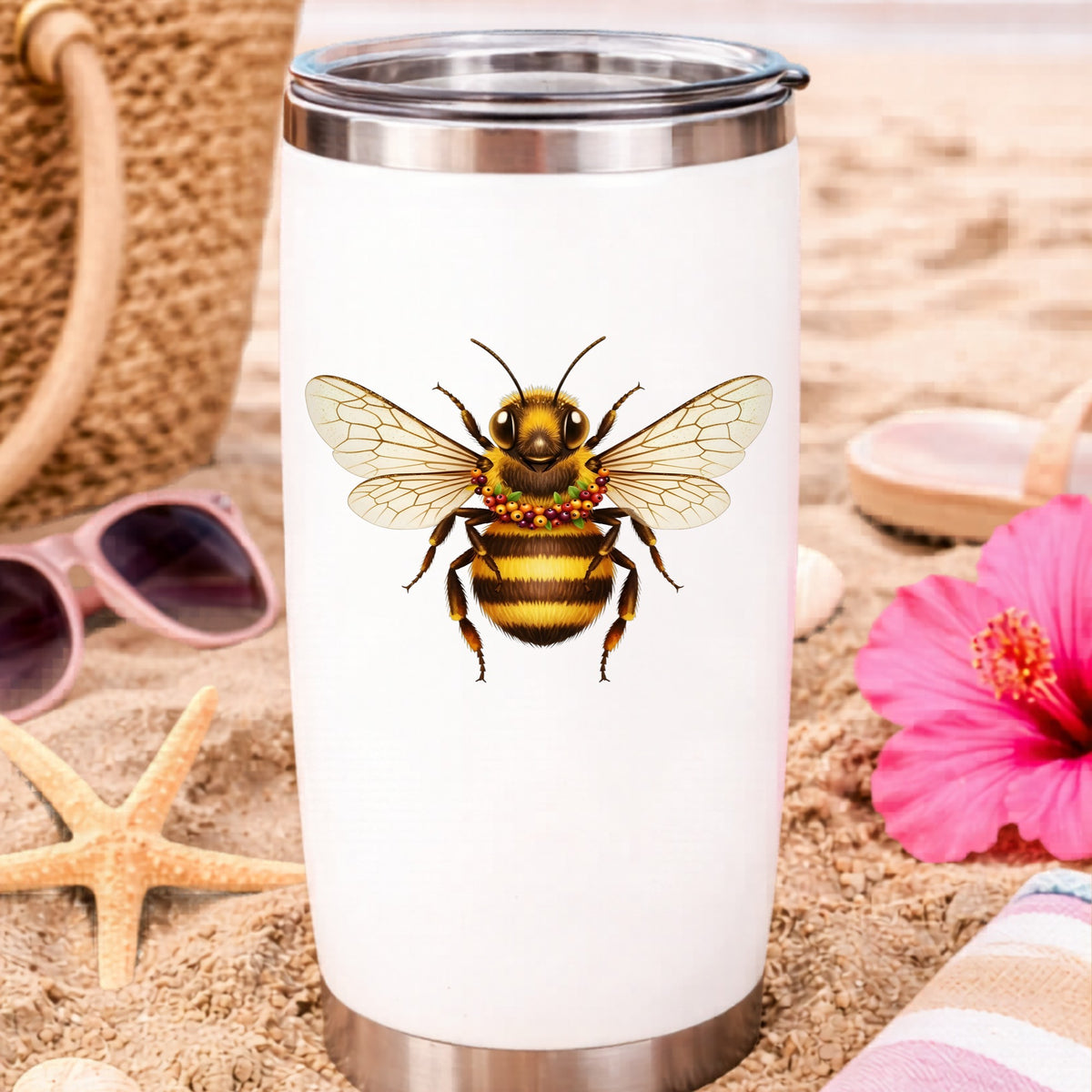 Bee With Berry Garland Necklace UV DTF sticker applied to a white travel tumbler on beach sand