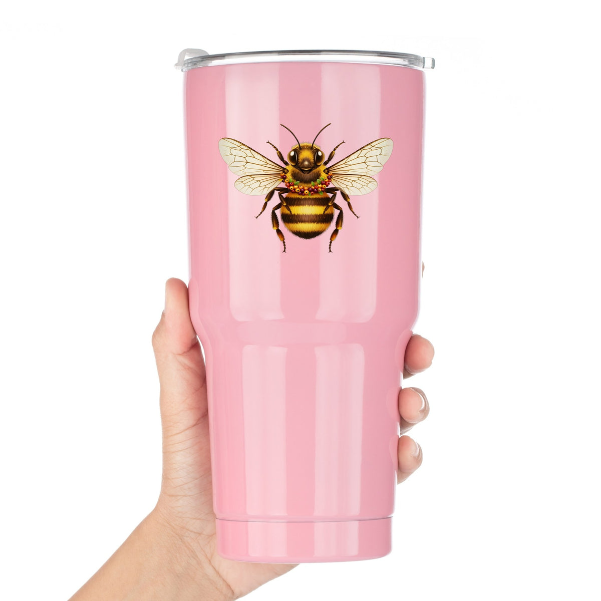 Bee With Berry Garland Necklace UV DTF sticker applied to a pink tumbler held against a white background