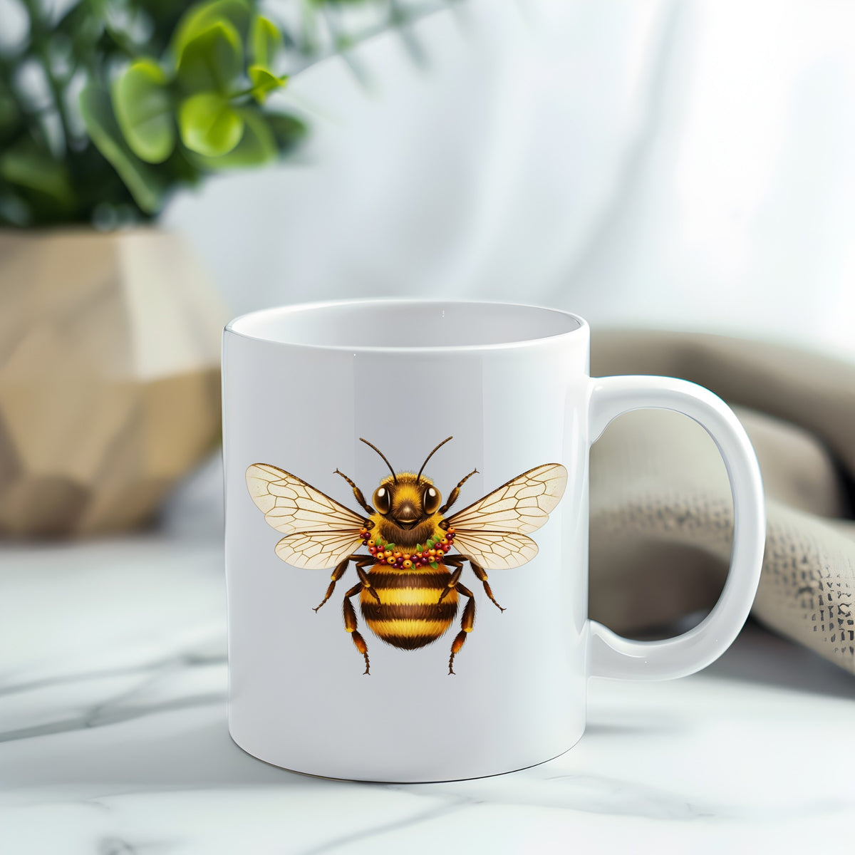 Bee With Berry Garland Necklace UV DTF sticker applied to a white coffee mug