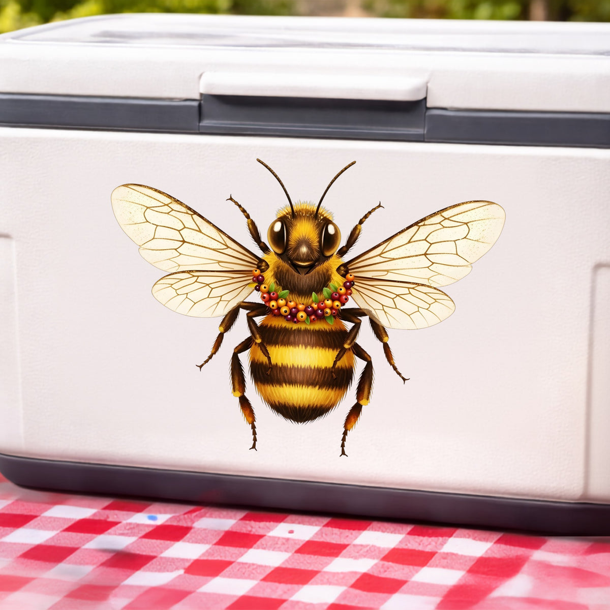 Bee With Berry Garland Necklace UV DTF sticker applied to a white cooler on a red gingham cloth