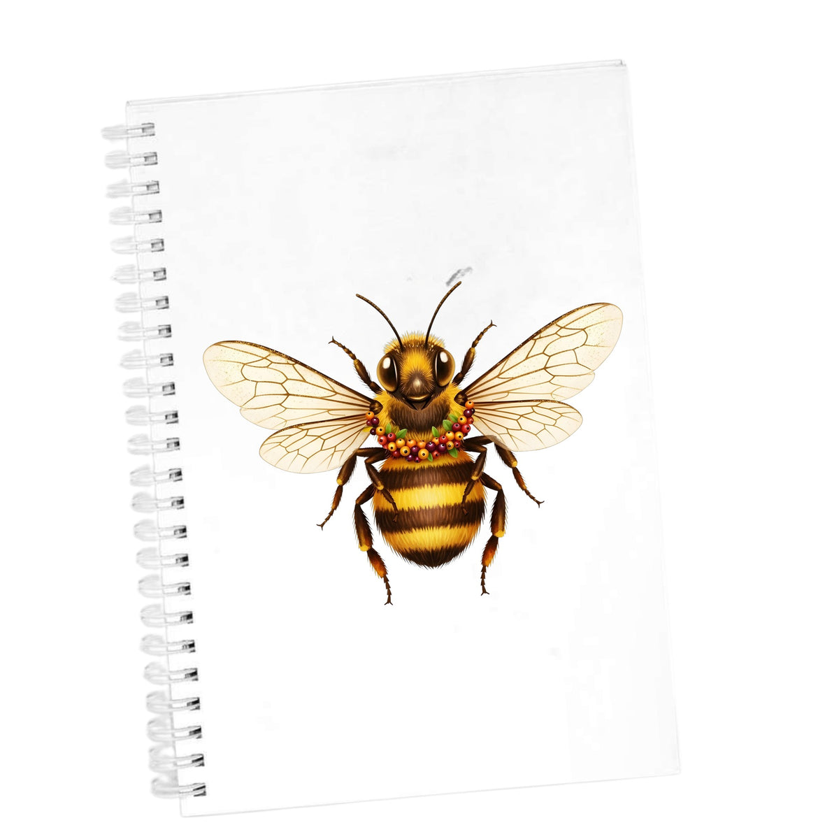 Bee With Berry Garland Necklace UV DTF sticker applied to the cover of a white spiral journal