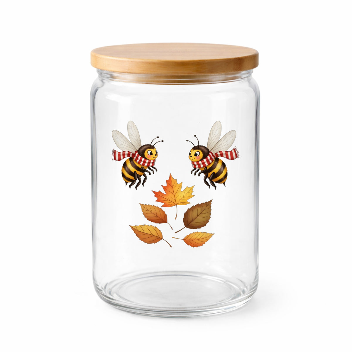 Two Bees With Autumn Leaves UV DTF sticker applied to a clear glass jar with a wooden lid