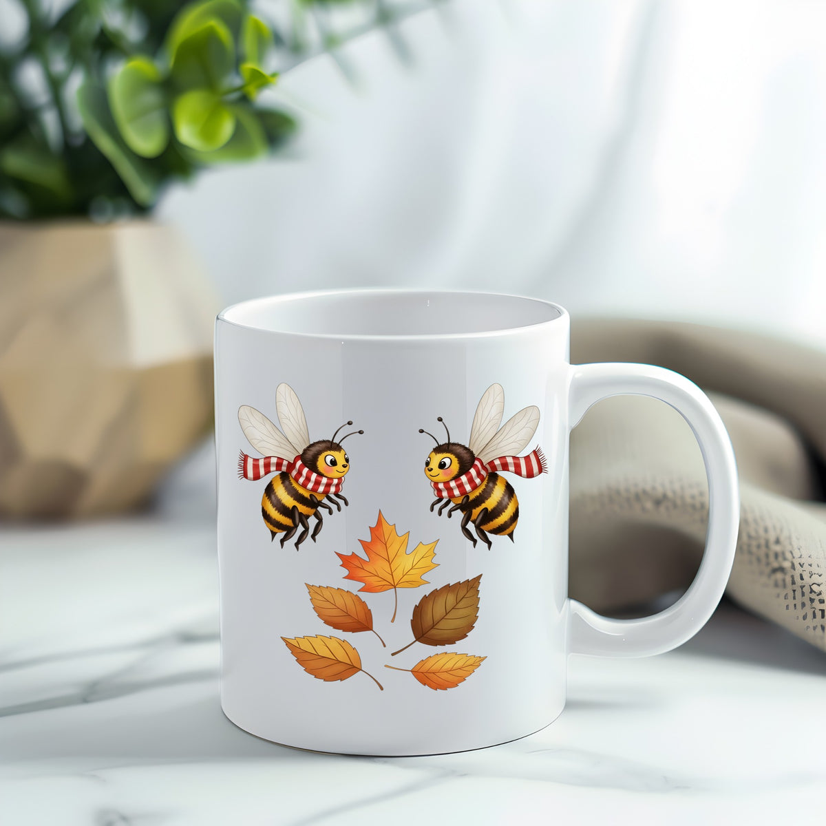 Two Bees With Autumn Leaves UV DTF sticker applied to a white coffee mug