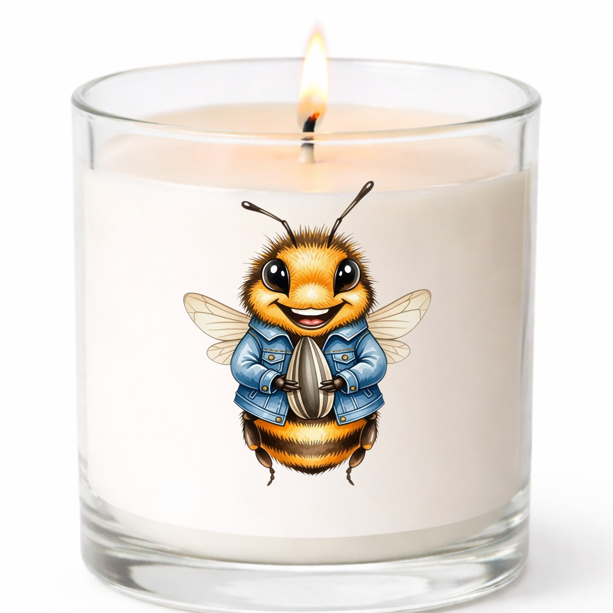 Bee In Denim Jacket With Sunflower Seed UV DTF sticker applied to a white candle in a clear glass jar