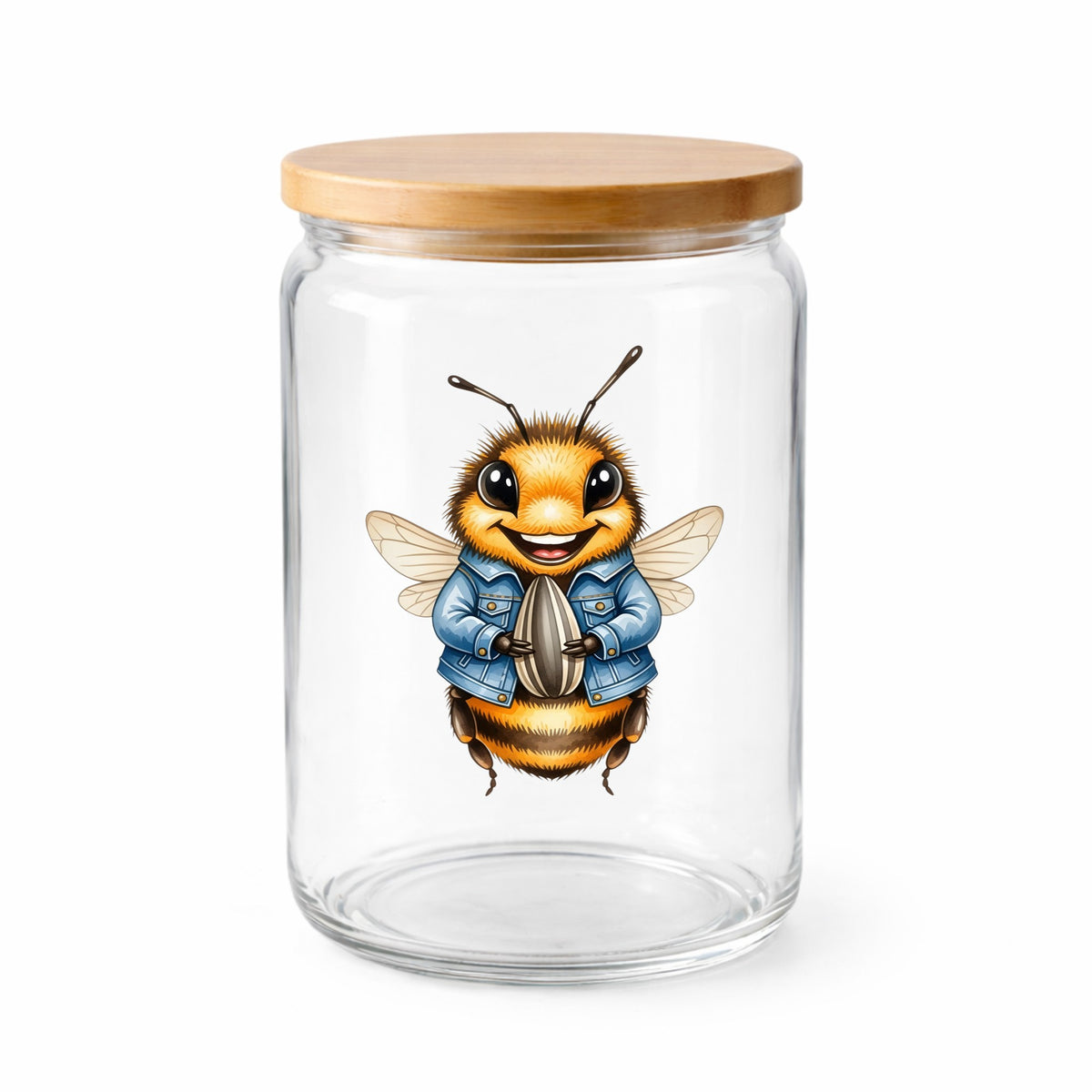 Bee In Denim Jacket With Sunflower Seed UV DTF sticker applied to a clear glass jar with a wooden lid