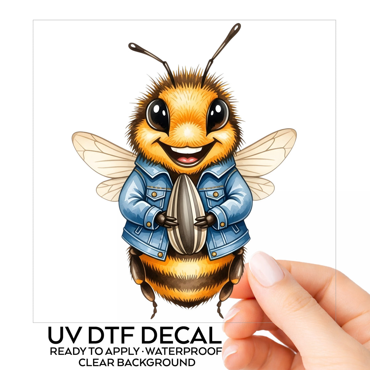 Bee In Denim Jacket With Sunflower Seed UV DTF sticker on its backing card, held in hand