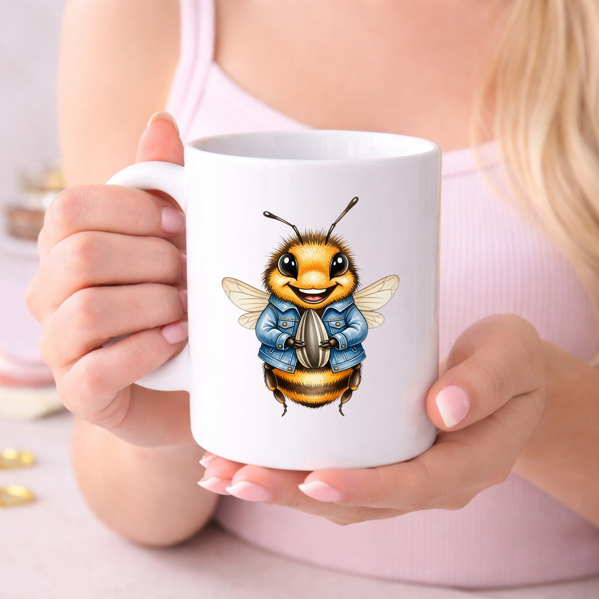 Bee In Denim Jacket With Sunflower Seed UV DTF sticker applied to a white coffee mug held in both hands