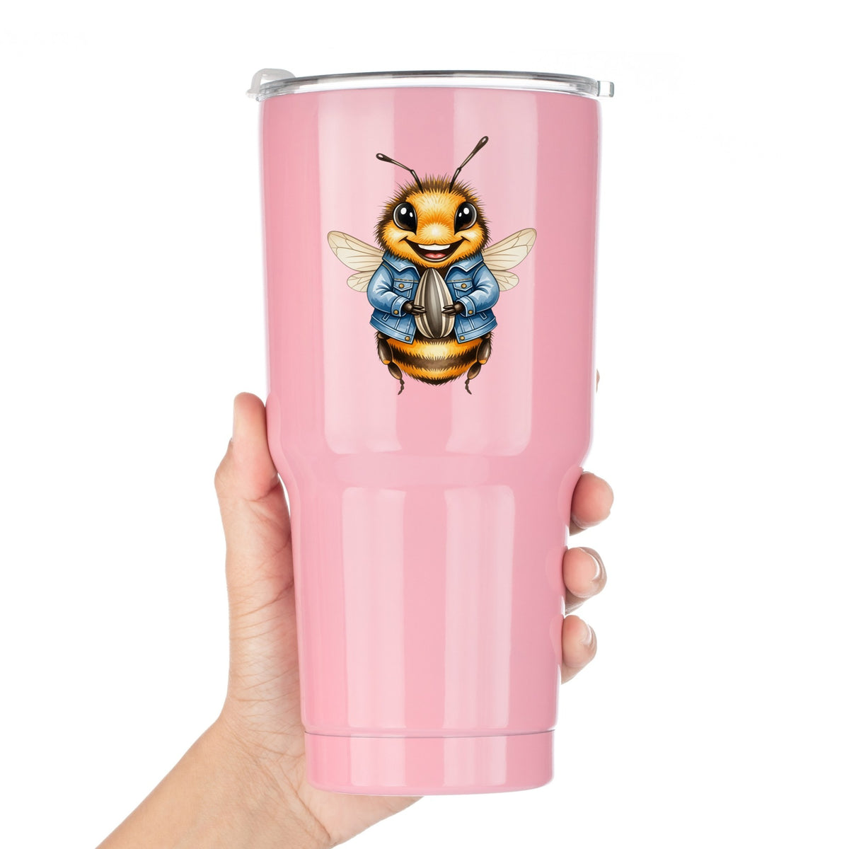 Bee In Denim Jacket With Sunflower Seed UV DTF sticker applied to a pink tumbler held against a white background