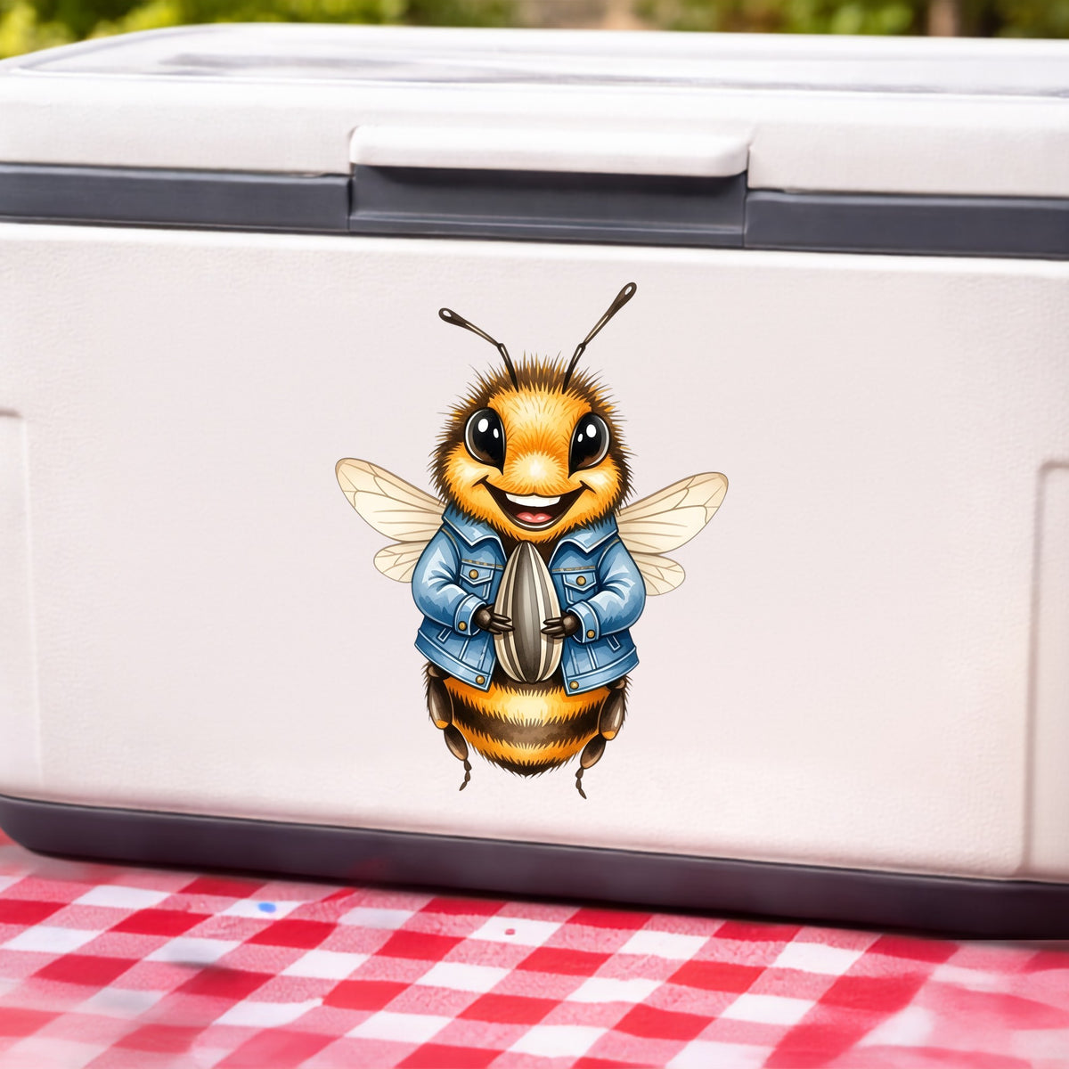 Bee In Denim Jacket With Sunflower Seed UV DTF sticker applied to a white cooler on a red gingham cloth
